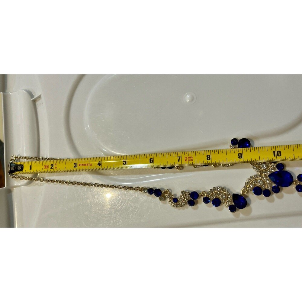 Cobalt Blue Y Drop Necklace Gold Tone Rhinestone Statement Wedding Prom - Picture 6 of 8